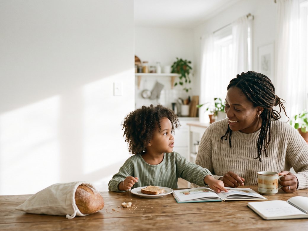 A parent and child sharing a calm, everyday moment at a bright kitchen table.